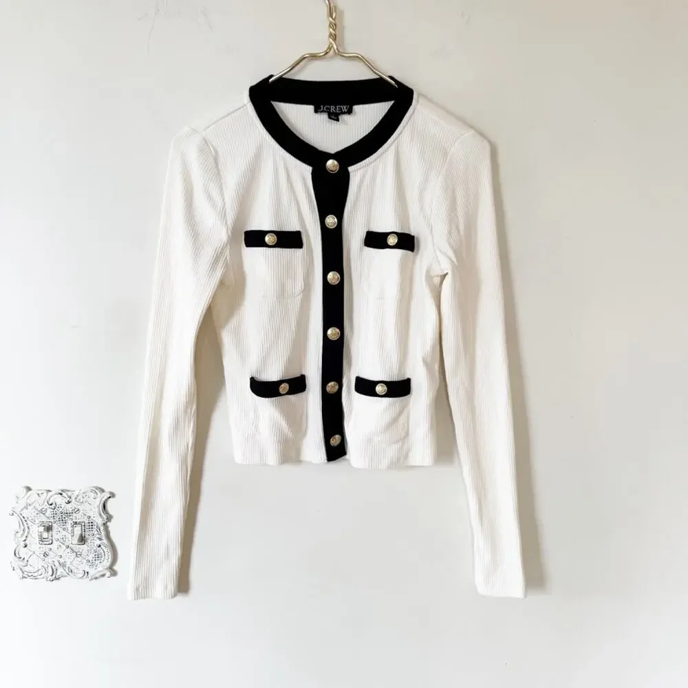 NWOT J. Crew Ivory and Black Rib Lady Jacket Cardigan Top S